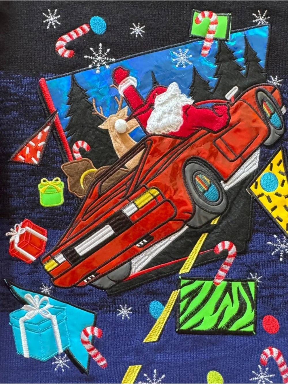 Blizzard Bay Ugly Christmas Sweater XL Santa Reindeer Car 3D Applique